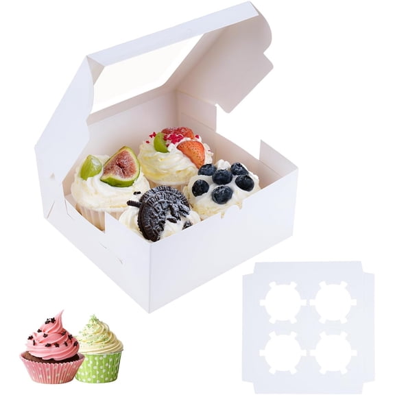 SONGAUN 10 Pack 4 Hole Cupcake Boxes, Paper Cake Boxes with Window, Cupcake Carrier with Adjustable Inserts, White Bakery Cake Box Holder Cupcake Containers for Cookies, Muffins, Pastries and Donuts