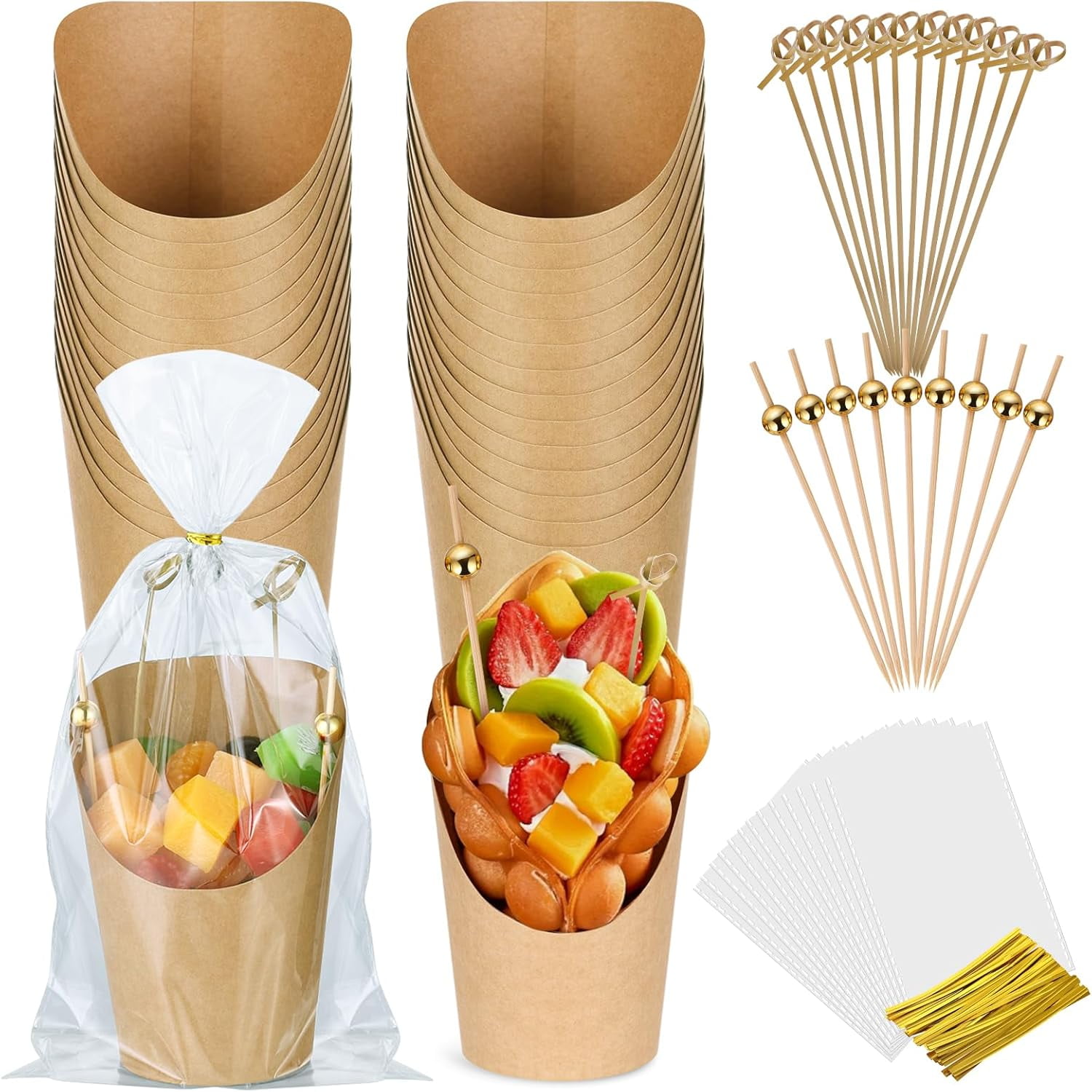 SONGAUN 100 Sets Charcuterie Cups, Disposable Appetizer Cups, 4 oz Brown Kraft Paper Snack Boxes (100 Cups+100 Bags+200 Sticks)
