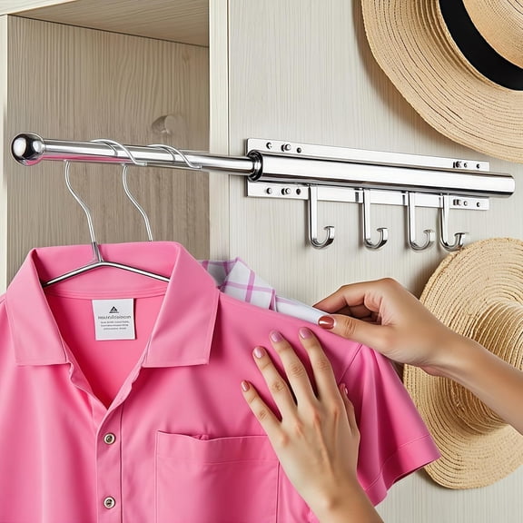 SONGAUN 12 Inch Retractable Valet Rod for Closets, Pull Out Clothes Hanger with 4 Hooks, Slide Out Garment Rack for Wardrobe Organization and Storage, Silver