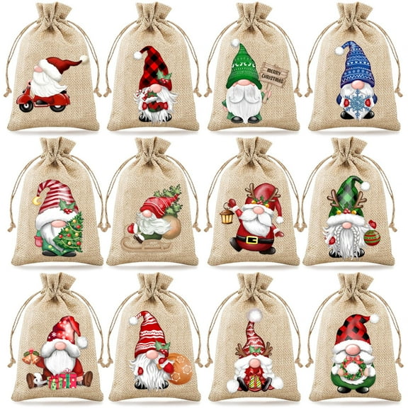 SONGAUN 12 Pieces Advent Calandars Bags, 13x18cm Large Christmas Burlap Bags, Gnome Hessian Gift Sacks, Snack Drawstring Bag For Christmas Advent Calandar, Halloween Thanksgiving Party Decoration