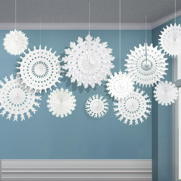 SONGAUN 16 Pcs Christmas Winter White Paper Snowflake Decorations, Christmas Snowflakes Hanging Decoration, Frozen Birthday Party Supplies Winter Wonderland Party Decorations (Mixed 7.8"-20")