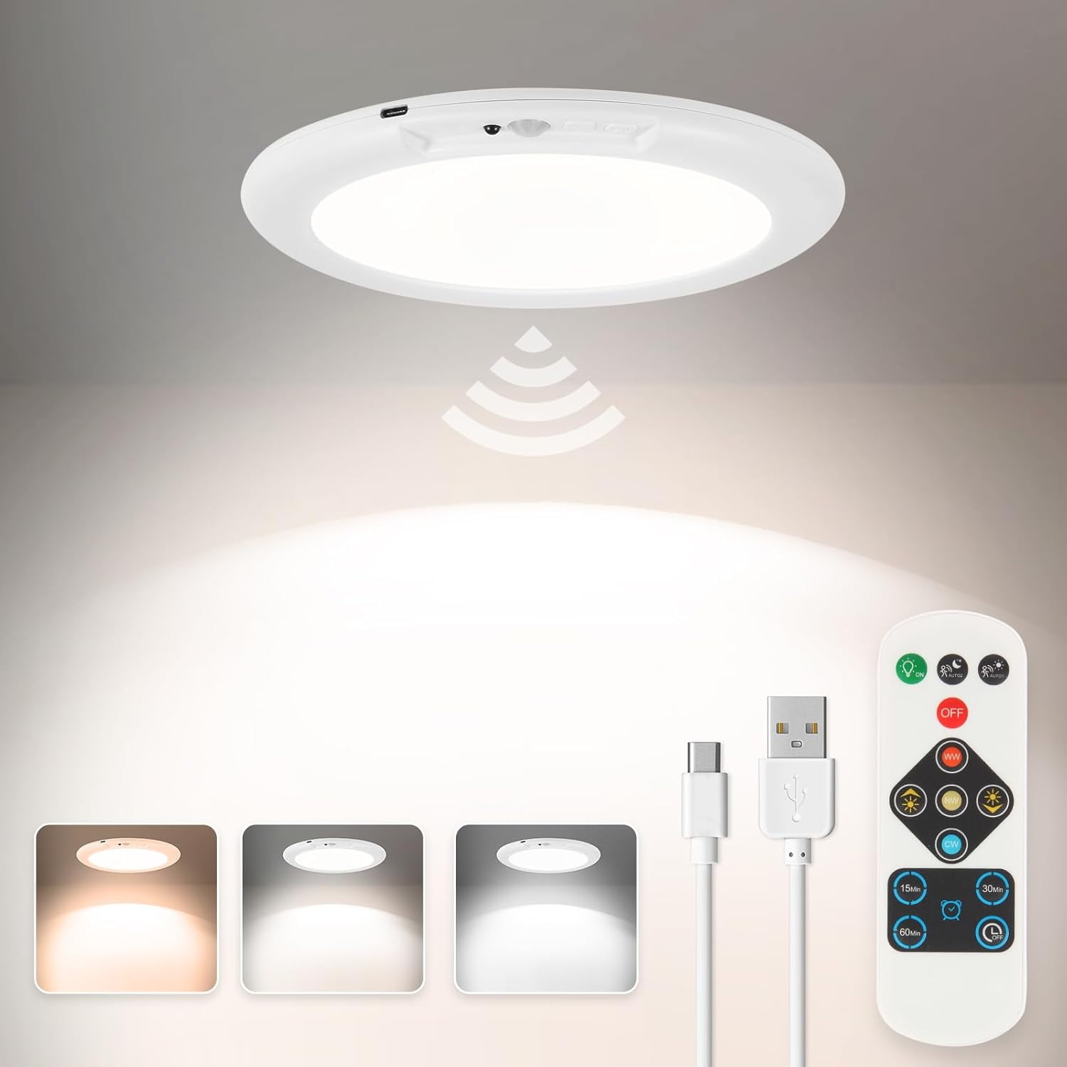 SONGAUN 2 Pack Rechargeable Ceiling Light, Closet Lights Motion Sensored, Battery Powered Ceiling Light with Remote No Wiring, Wireless Ceiling Lights for Stairs, Garage, Hallway, Porch, Pantry, Shed