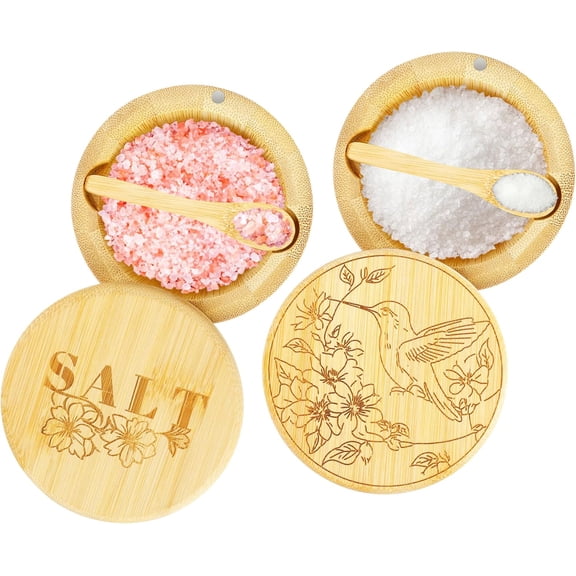 SONGAUN 2 Pcs Bamboo Salt Container, Carving Design Salt Cellar Spice Box with Magnetic Swivel Lid & Spoon, to Easily Open and Seal Spice Box for Storage Pepper, Table Salts, Sugar, Spice