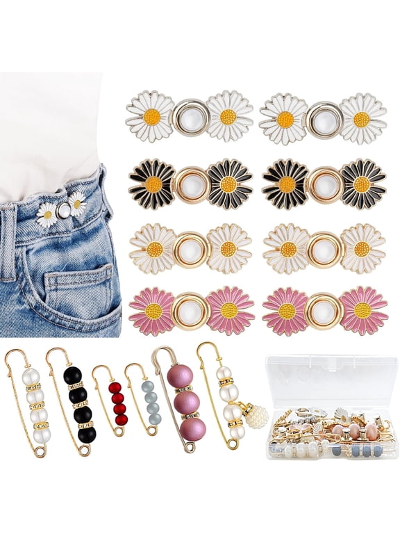 22 Pieces Pant Waist Tightener, 14 Set 10 Style Removable Jean Button Pins, Instant Jean Buttons for Loose Jeans, No Sewing Required Pants Clips for Waist