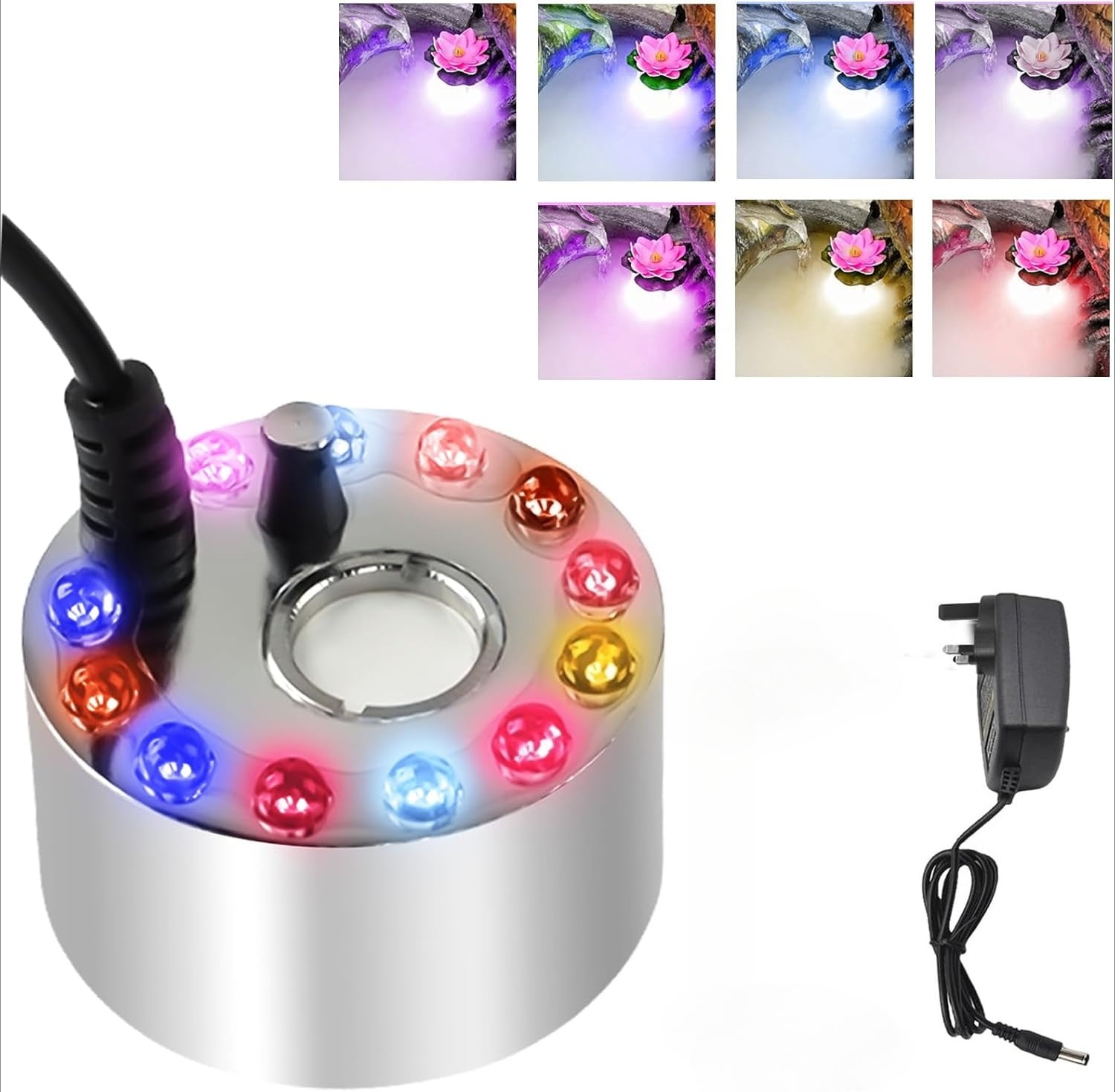 SONGAUN 24V Ultrasonic Mist Maker Fogger Halloween Witch Light with Power Adapter, 12 LED Mister Fogger, Ultrasonic Mist Maker Set, Mini Mist Maker,Mini Fog Atomizer, Pond Fog Atomizer (UK Plug)
