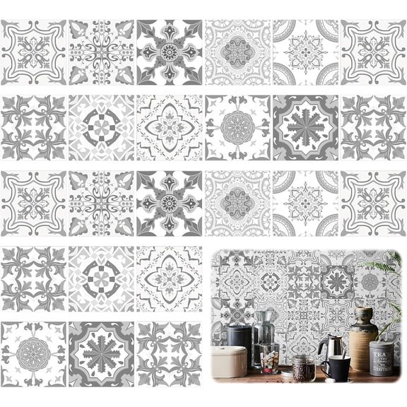 SONGAUN 24pcs Grey Moroccan Tile Stickers, Moroccan Tile Decal, Kitchen Bathroom Wall Tile Stickers, Grey Cement Tiles Decal Splashback, New Wall Stickers Home Decor