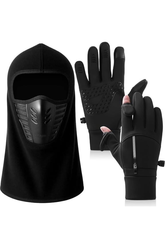 2pcs Winter Balaclava, Face Mask Ski Gloves Set Windproof Warm Face Mask Fingerless Fishing Gloves for Men Women