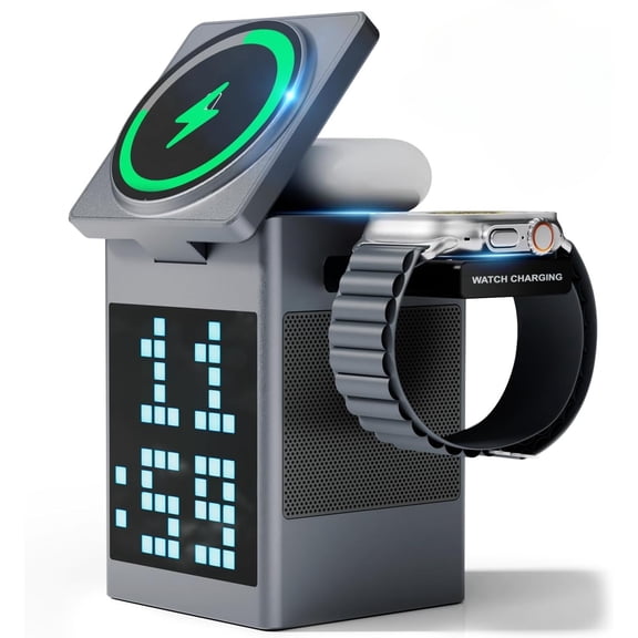 SONGAUN 3-in-1 Wireless Charger, Bluetooth Speaker, Pixel Animation Display, Digital Alarm Clock for Apple Mag Safe iPhone 17 16e 16 15 14 13 12 Pro Max iWatch and AirPods Fasting Charging Station