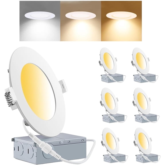 SONGAUN 4 Inch 5CCT 9W Ultra Thin LED Recessed Pot Lights, 3000K 4000K 5000K Selectable, 750LM Dimmable IC Rated for Shower, Kitchen, Living Room, 6 Pack