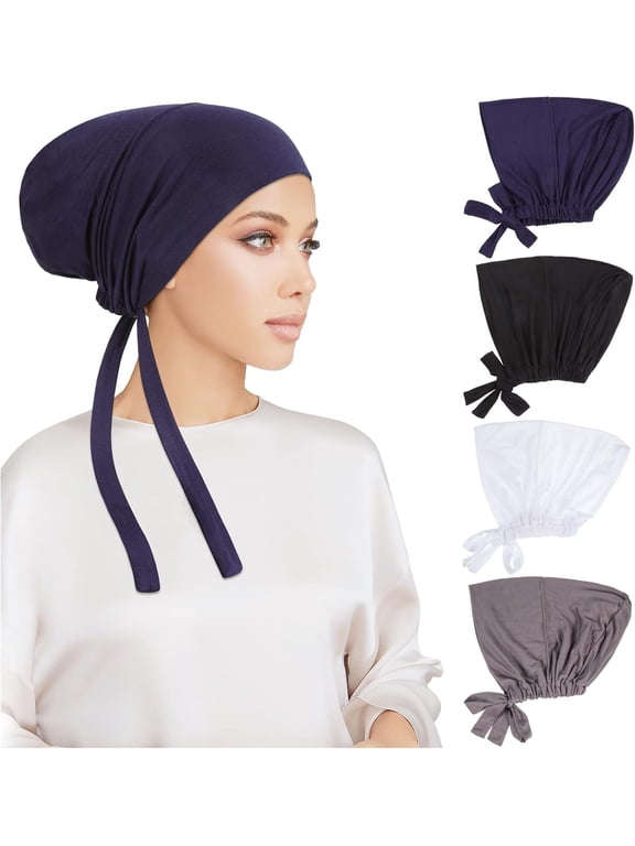 4 Pcs Women Hijab Undercap, Islamic Muslim Under Hijab Cap Inner Under Scarf Hat Turban with Tie Back Closure