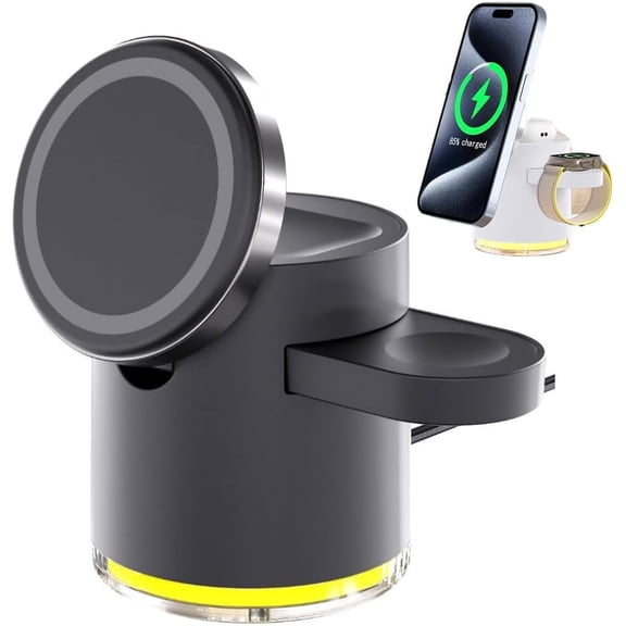 SONGAUN 4-in-1 Charging Station Wireless Charging, 15W Fast 4 in 1 Wireless Charging Station with Night Lights, Magnetic Charger Station, Foldable Multiple Charging Dock Stand