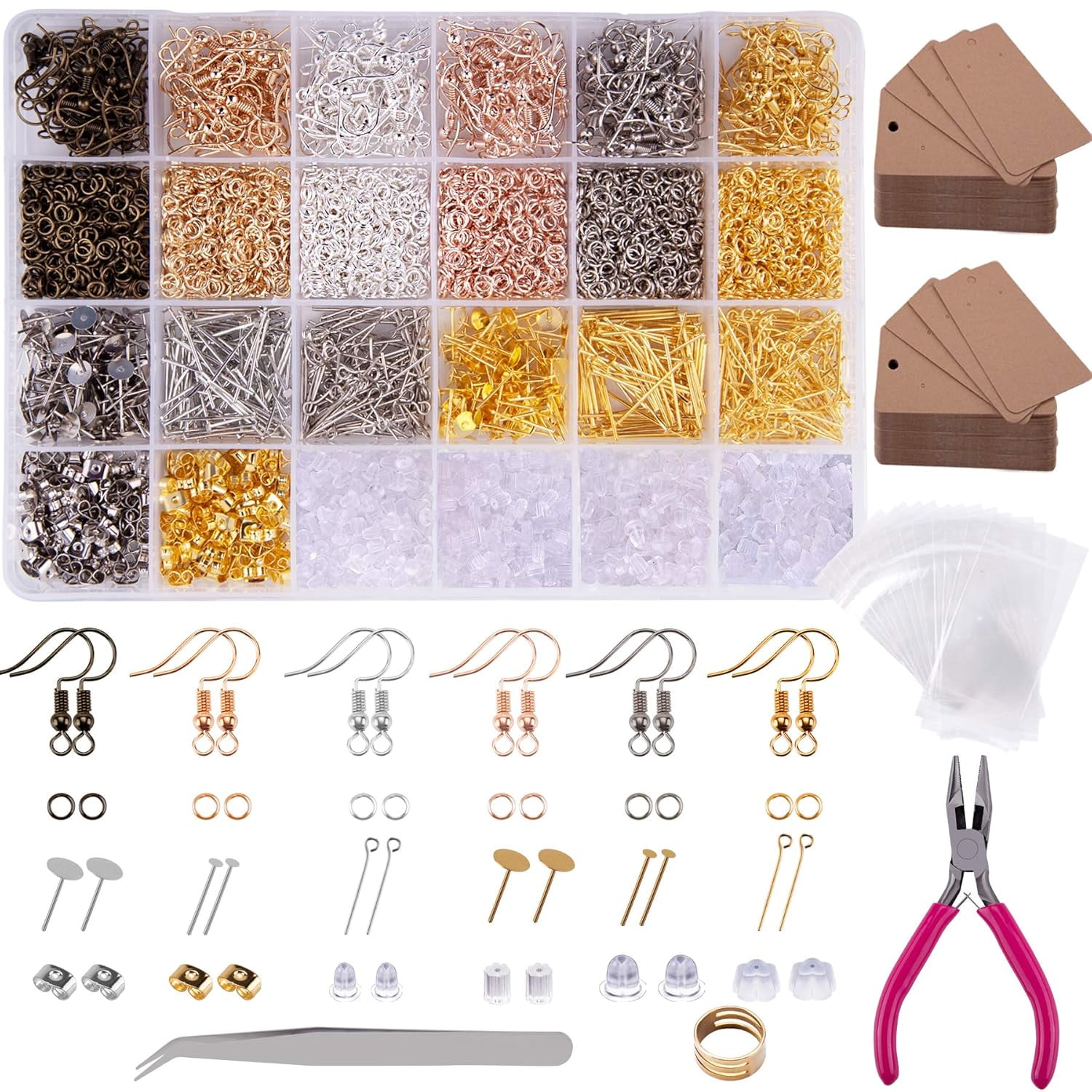 SONGAUN 4240 Pcs Earring Making Supplies Kit Earrings Hooks Jump Rings Earring Backs Earring Cards Earring Posts Eye Pins Jewelry Plier Tweezers Jump Ring Opener for Earrings Making and Repairing