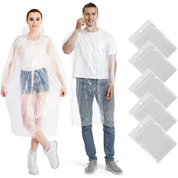 SONGAUN 5 Pack Disposable Rain Ponchos, Waterproof Ponchos for Adults with Hood and Sleeves, Suitable for Festivals, Camping