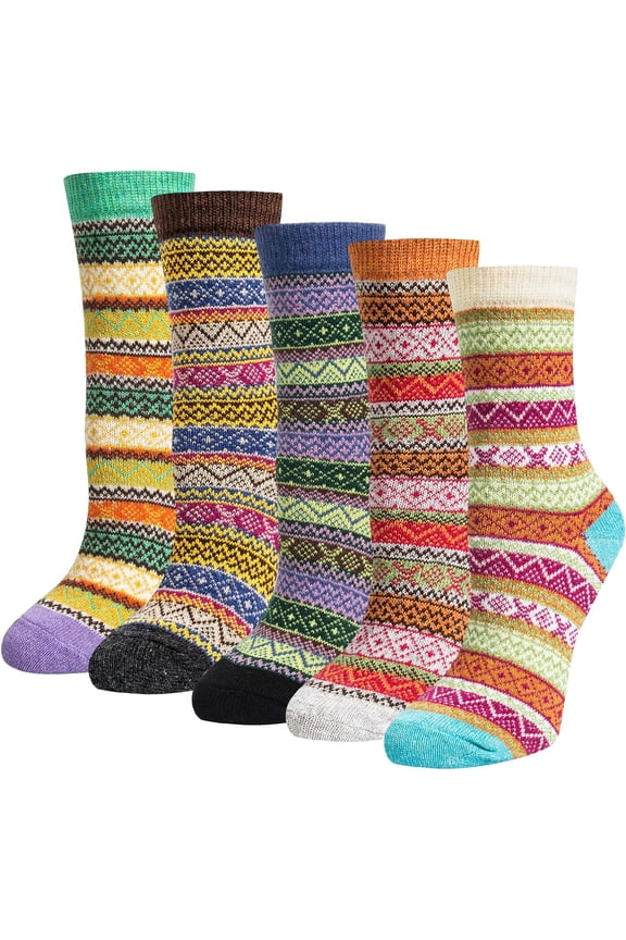 5 Pairs Merino Wool Socks Womens Thicken Thermal Knitting Crew Ladies Sock for Hiking Backpacking Climbing Wintergreen, pink, red (Green/beige/yellow/purple/blue)