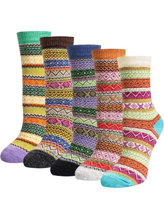 5 Pairs Merino Wool Socks Womens Thicken Thermal Knitting Crew Ladies Sock for Hiking Backpacking Climbing Wintergreen, pink, red (Green/beige/yellow/purple/blue)