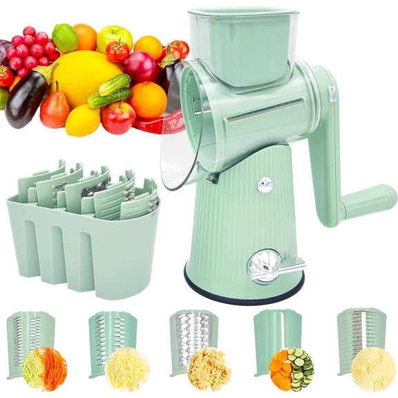 SONGAUN 5-in-1 Rotary Cheese Grater Multifunctional Kitchen Mandoline Slicer with Handle & Strong Suction Base Replaceable Stainless Blades Cheese Shredder for Vegetables