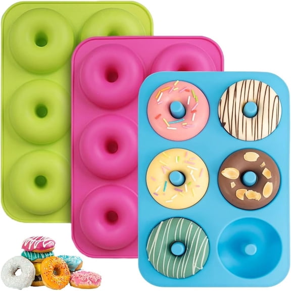SONGAUN 6-Cavity Silicone Doughnut Baking Mould, 3 Pcs Food Grade Silicone Donut Moulds, Non-Stick Silicone Donut Molds, Donut Pan, Doughnut Tray, Baking Tray for Donut, Bagels, Muffins