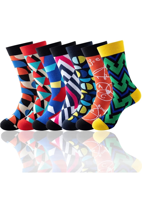 7 Pairs Mens Dress Colorful Novelty Socks, Combed Cotton Sock Crew Funny Sock, Casual Funky Socks for Men, Size 6-11