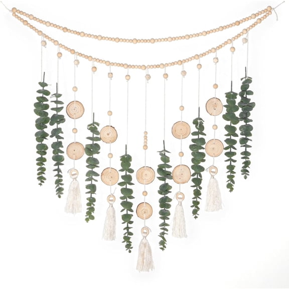 SONGAUN Artificial Hanging Eucalyptus Wall Decor Fake Greenery Leaves Wall Hanging Plants on Long Wooden Beads Garland Wall Art Large Boho Rustic Farmhouse Decor for Bathroom Bedroom Living Room Sage