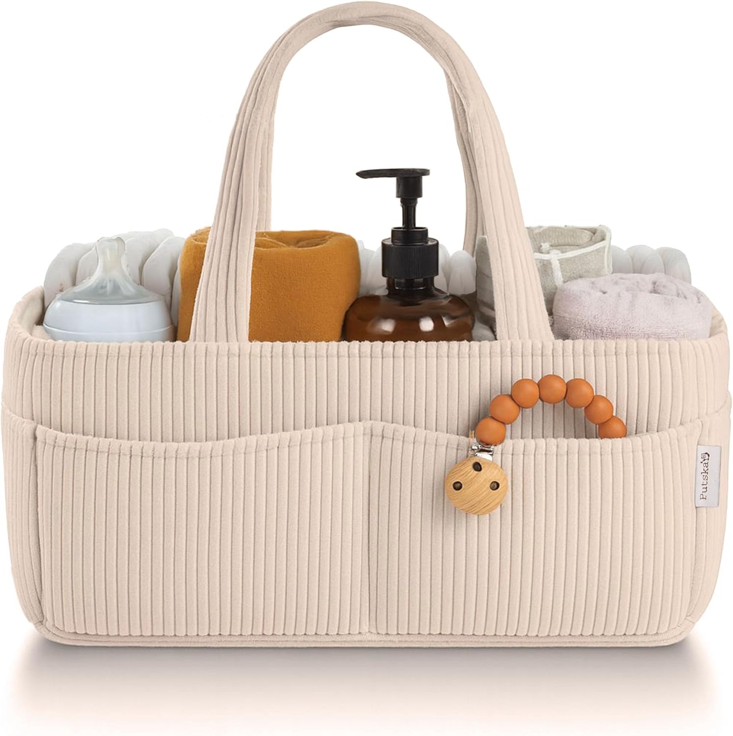 SONGAUN Baby Nappy Caddy Organiser for Changing Table – Stylish Nursery Storage Basket, Newborn Essentials, Baby Shower Gifts and Registry Must-Haves for Boy or Girl, Car Nappy Caddy, Corduroy Cream