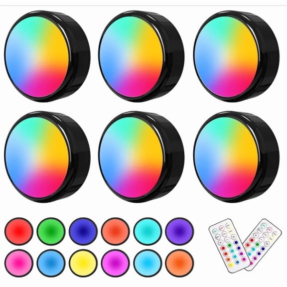 SONGAUN Under Cabinet Kitchen Light Battery Power Puck Lights with Remote Control & Timer,Adjustable Brightness RGB Wireless LED Cupboard Lamp Stick on Lights for Closet Wardrobe Wall,6 Pack