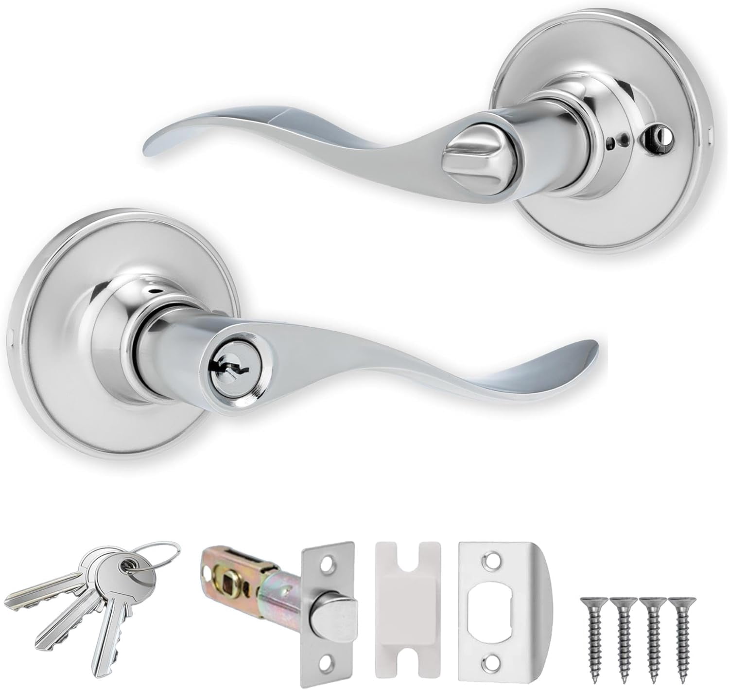 SONGAUN Cabriole Entrance Knob Set Polished Chrome, Door Knob with Lock for Internal Wooden Doors, Complete Set with Tubular Latch and 3 Keys