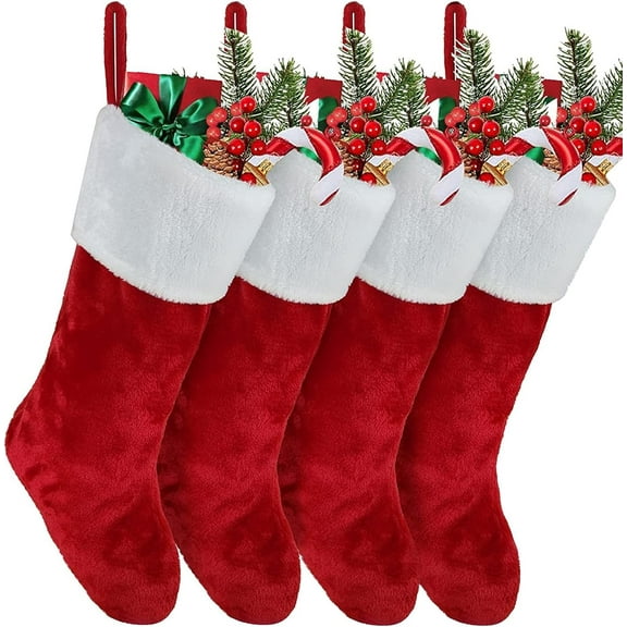 SONGAUN Christmas Stocking Set of 4,Plush Xmas Stockings,Personalised Christmas Stockings,Velvet Effect Stockings Christmas,Hanging Sock Candy Gift Bags for Family Christmas Holiday Decoration