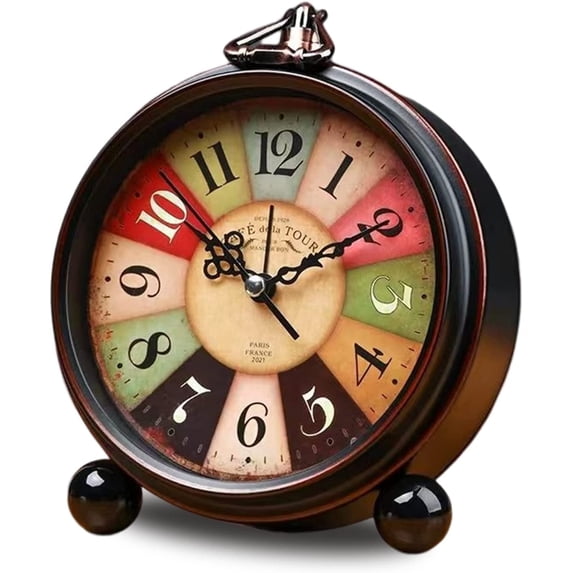 SONGAUN Classic Retro Clock, Metal European Style Vintage Silent Table Desk Alarm Clock Non Ticking Quartz Movement Battery Operated, HD Glass Lens for Bedroom Living Room Indoor Decoration Kids