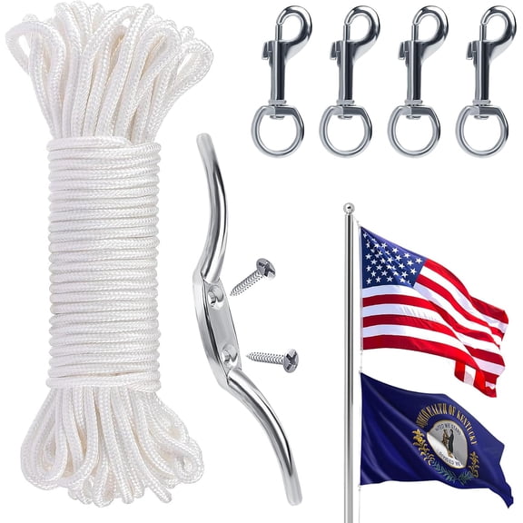 SONGAUN Flag Rope and Clips Kit - 50ft Flag Pole Rope Halyard with Cleat Hook & 4 Pcs Swivel Snap Clips for Flagpoles Up to 25ft, Outdoor Porch Flagpoles Repair Replacement Parts Accessories