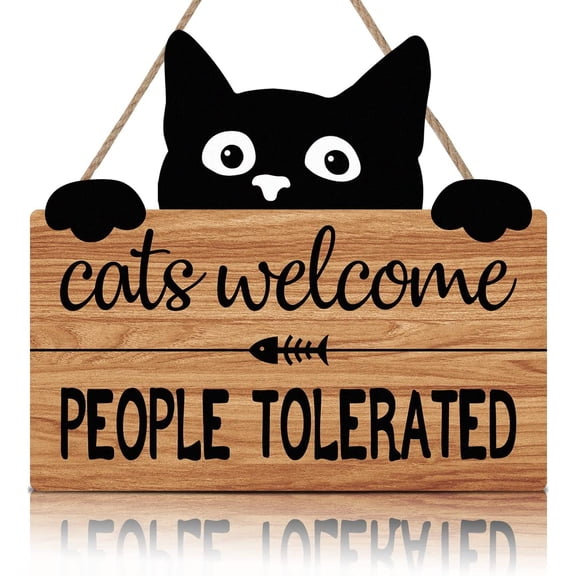 SONGAUN Funny Cat Welcome Sign,Cats Welcome People Tolerated Kitty Kitten Wooden Plaque,10X11 inches Black Cat Wall Decor, Funny wood Sign For Pet Shop Home,Cat Lover Gifts