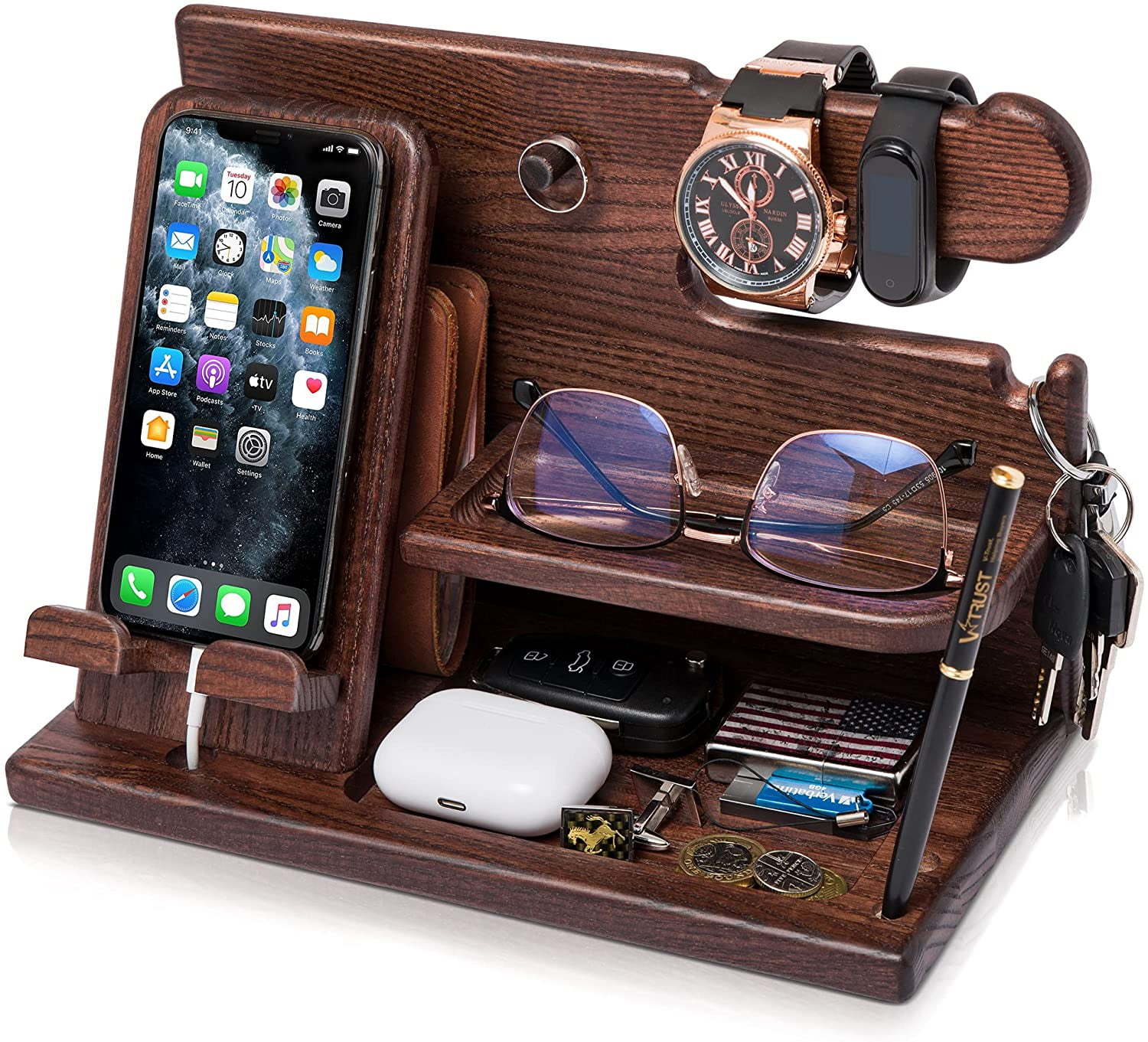 SONGAUN Gifts for Men Wood Phone Docking Station Desk Organizer Fathers gifts Gifts for him Xmas gift Anniversary Birthday presents Nightstand Key Wallet Stand for Men, Boyfriend, Dad