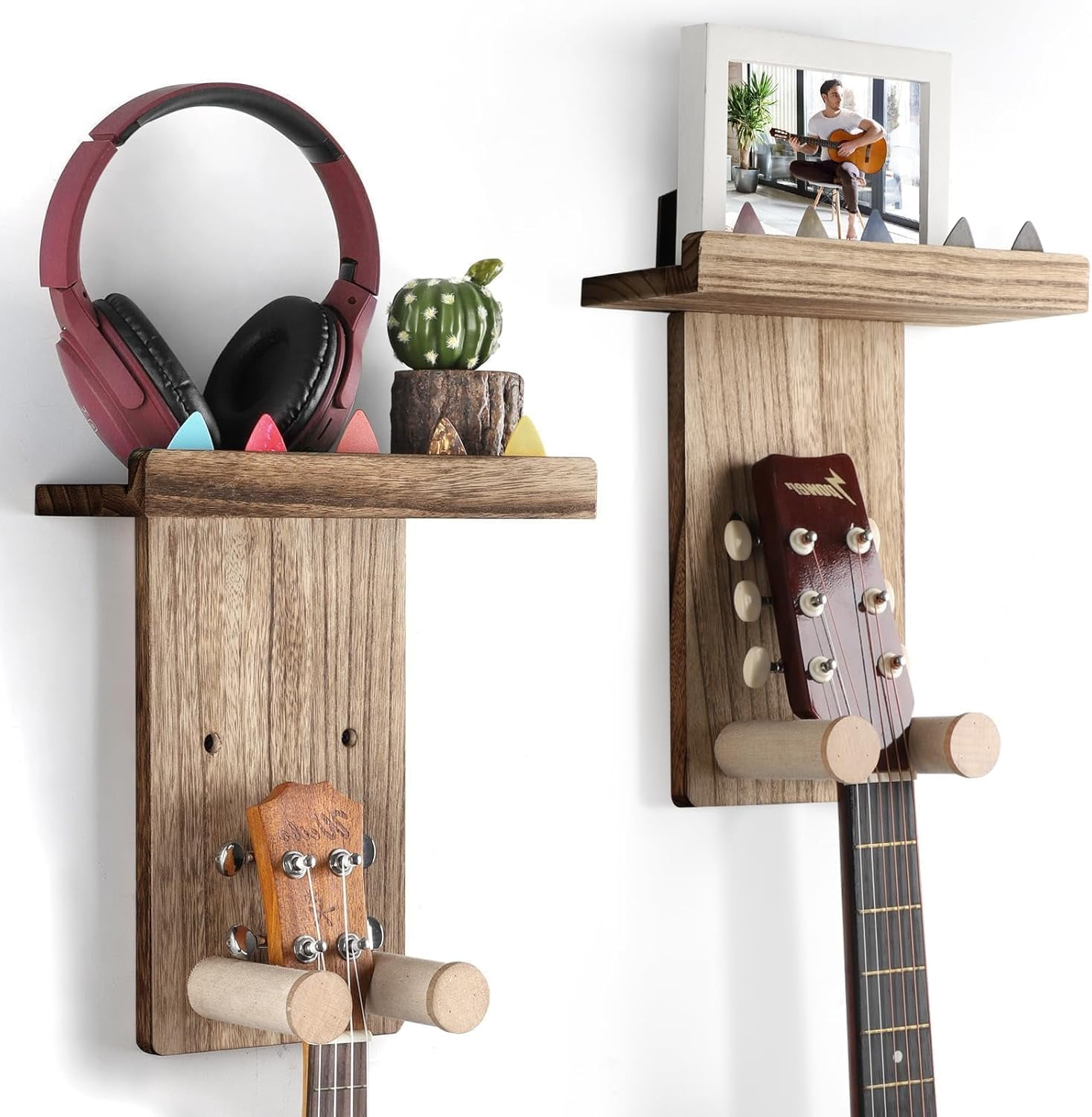 SONGAUN Guitar Wall Mount with Shelf,2Pack Wooden Guitar Holder Hanger Hook Multifunctional Rack Bracket Stand Easy Install for Electric Guitar Bass Acoustic Ukulele Violin Mandolin