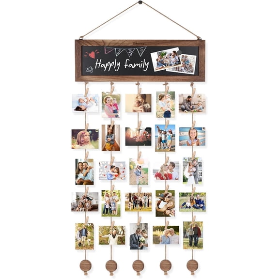 SONGAUN Hanging Photo Display Board with Mini 30 Wooden Clips, DIY Photo Board Photo Pegs and String Picture Hanging String Multi Photo Frames for Wall Collage Photo Holder Carbonized Black