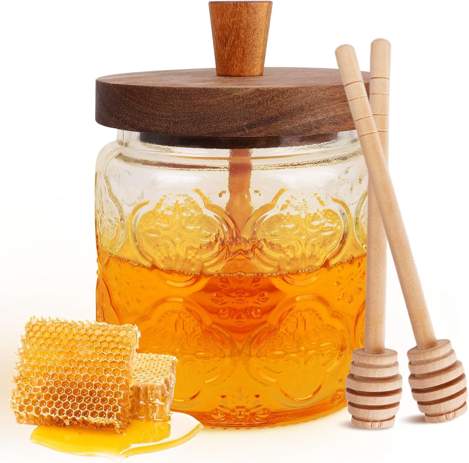 SONGAUN Honey Pot with Dipper and Lid - 18oz Glass Honey Jar with Wooden Honey Dippers Stick Set, Wide Mouth Honey Containers - Airtight Syrup Dispenser for Home Kitchen