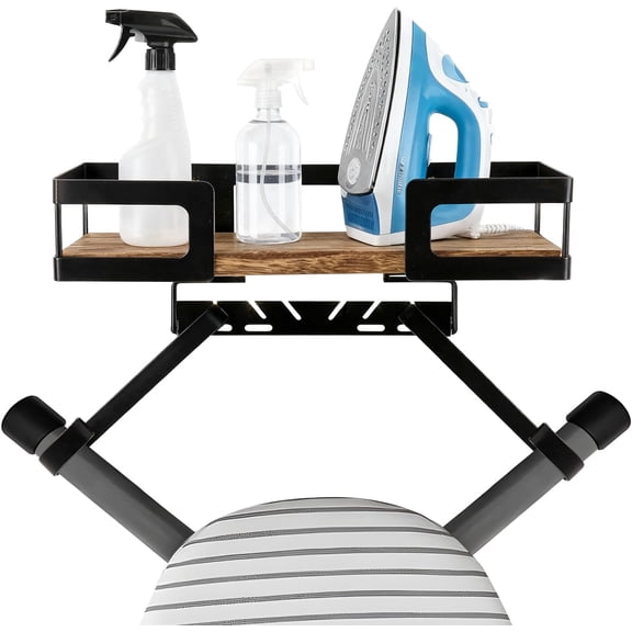 SONGAUN Ironing Board Hanger Wall Mount 31.59X15.2X6.4CM Ironing Board Storage Wall Bracket with Large Storage Wooden Base Basket and Removable Hooks for Most Standard Ironing Boards