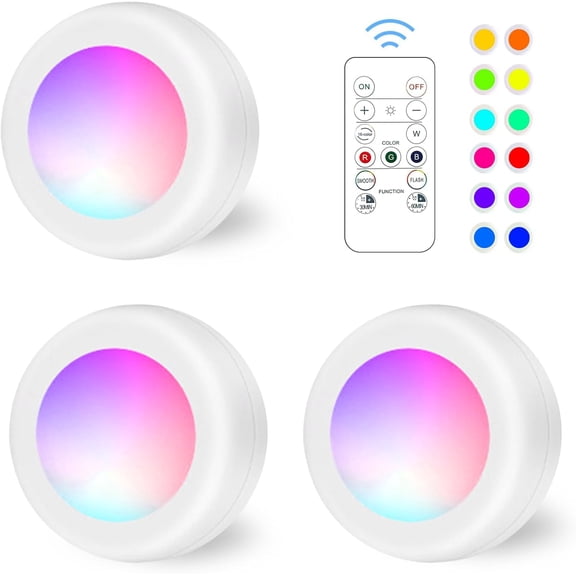 SONGAUN LED Puck Lights with Remote Control, 16 Color Changeable Under Cabinet Lights with Control & Timing, Battery Operated Wireless Closet Lights for Closet, Bedroom,Kitchen,3 Pack - White