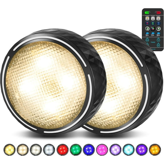 SONGAUN LED Puck Lights with Remote Control, Battery Operated Wireless Closet Light, Under Cabinet Lighting Stick on Tap Push Lights, Color Changing Under Counter Light for Kitchen, 6 Pack - Black