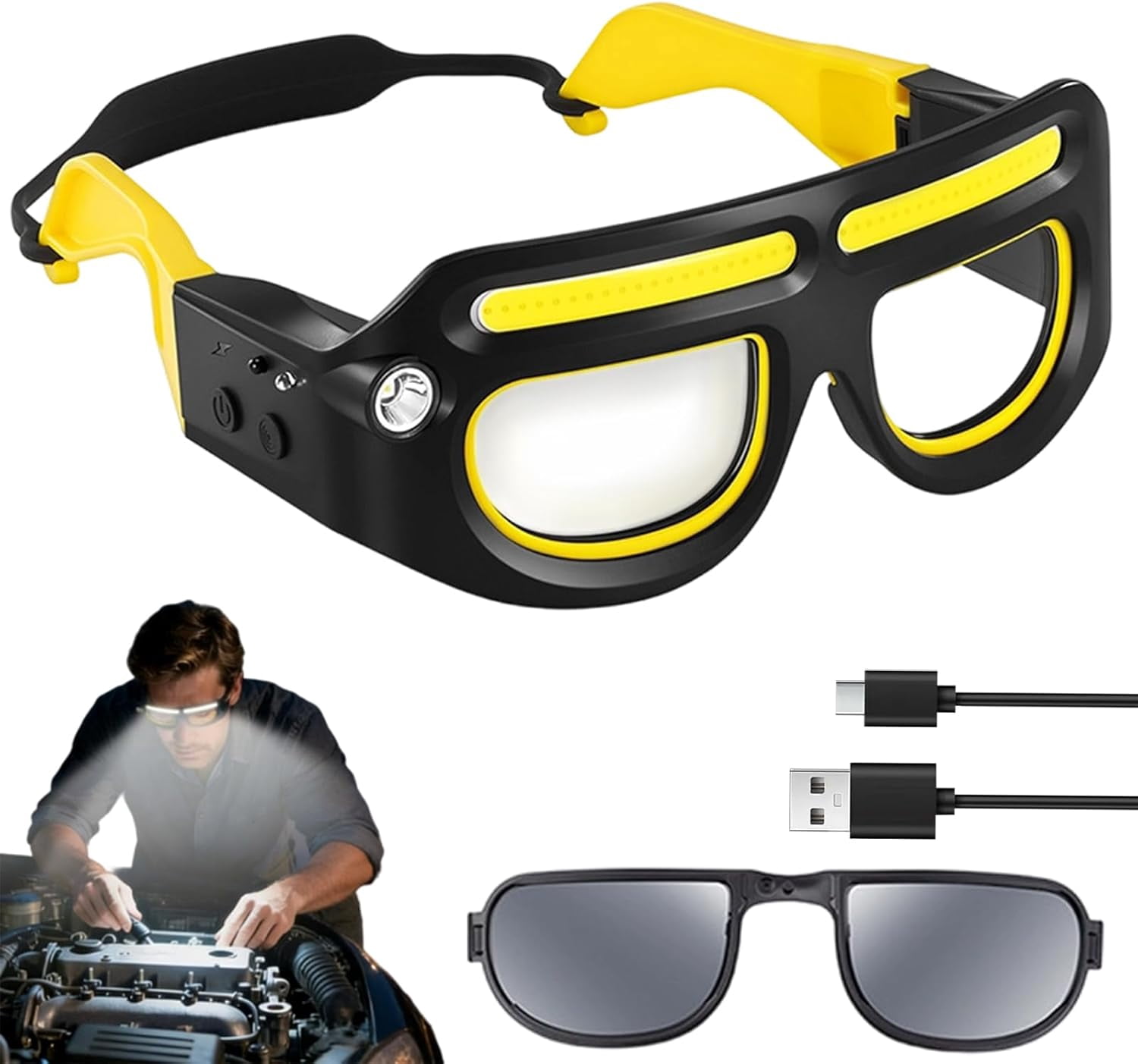 SONGAUN LED Rechargeable Headlight Glasses with Motion Sensor & Touch Control, Waterproof Safety Glasses with 5 Modes, Headlamp Glasses for Running, Camping, Fishing, Cycling, Hiking