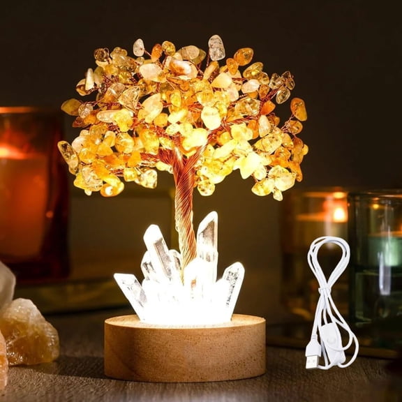 SONGAUN Lamp of Wealth - Citrine Tree, Wealth Lamp Natural Crystal, USB Plug Tree Night Light with Wooden Base, Natural Crystal Trees Night Light Feng Shui Decor for Home, Office, Gift for Women