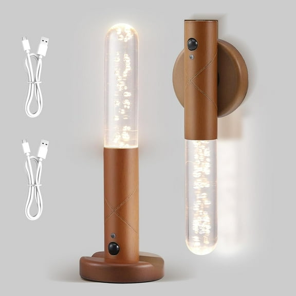 SONGAUN Motion Sensor Night Light, 2pcs USB Rechargeable Wall Light, Portable Removable Magnetic Wireless Dimmable Night Lamp, Wooden Wall Sconce Decor for Indoor Hallway Stairway Porch Cabinet