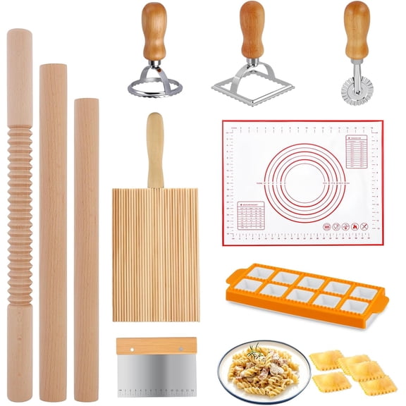SONGAUN Pasta Maker Set 10 Piece, Wooden Pasta Making Tools with Rolling Pin & Gnocchi Board, Ravioli Stamp and Dumpling Ravioli Mould Kit for Italian Pasta, Ravioli