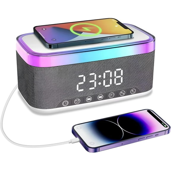 SONGAUN Radio Alarm Clock Bedside, Alarm Clock with 15W Wireless Charging, Bluetooth Speaker, Fast Qi Wireless Charger, 13 LED lighting Effects, FM Radio, USB Charging Port, for Bedroom, Desk