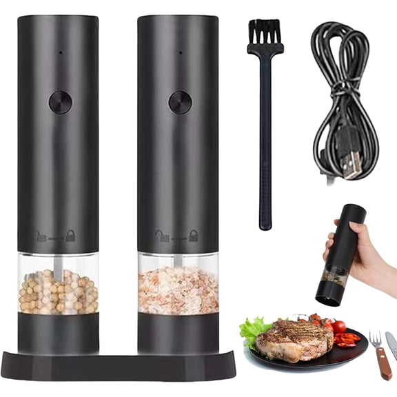 SONGAUN Rechargeable Electric Salt and Pepper Grinder Set: 2-Pack Black Automatic Mills with Adjustable Coarseness, USB Type-C Charging and Storage Base for Home Kitchen BBQ Camping