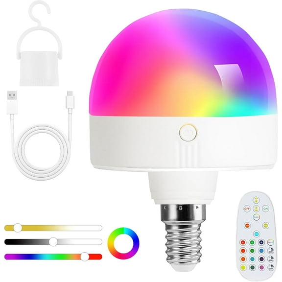 SONGAUN Rechargeable Light Bulb with Timer and Remote, Dimmable Battery Light Bulbs with Magnetic Base, E14 Detachable Charging LED Bulb, Non Hardwired Lamps with 3 Color Temperatures + 12 RGB