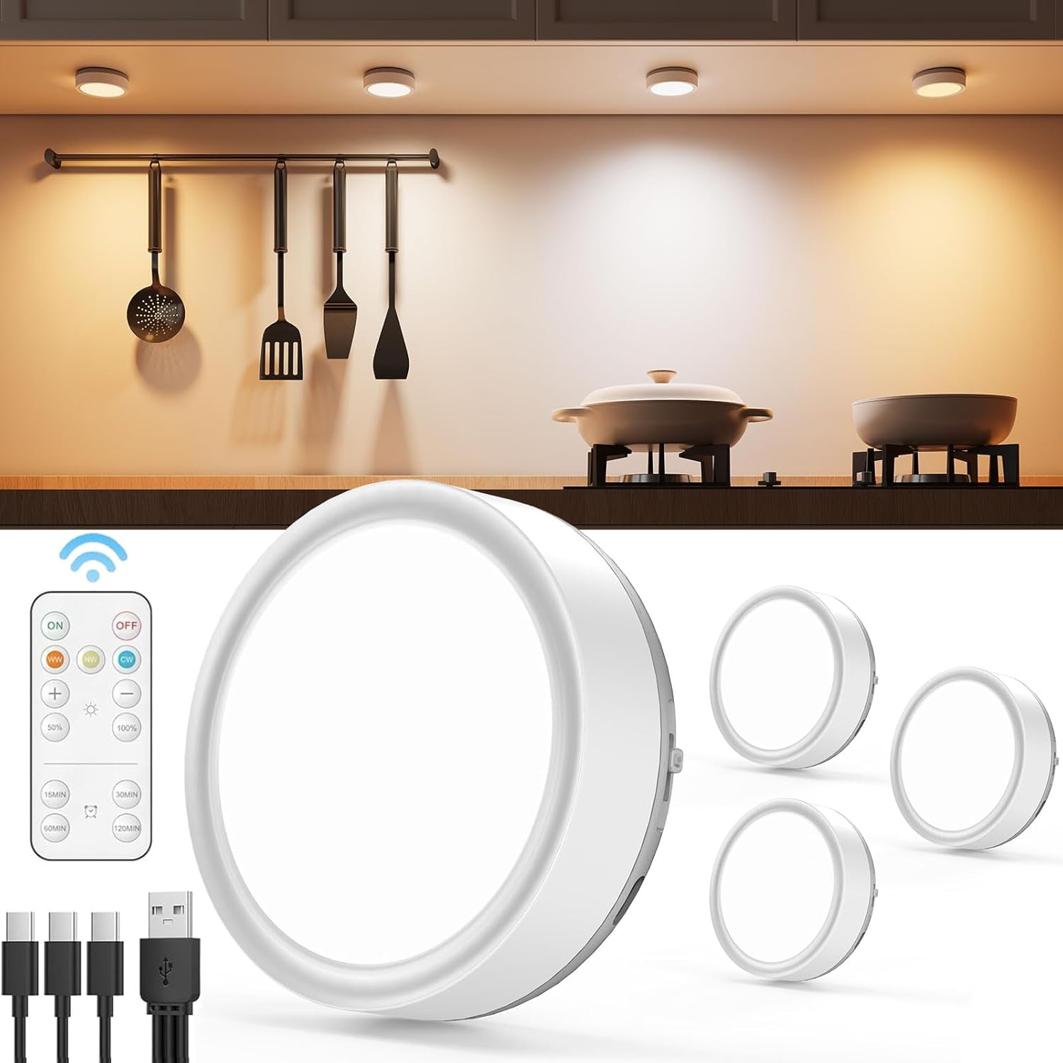 SONGAUN Rechargeable Puck Lights with Remote Control, 1600mAh Spot Lights Battery Push Light Stick On for Under Cupboard Wireless USB Charge LED Kitchen Cabinet Lighting Magnetic Touch Light