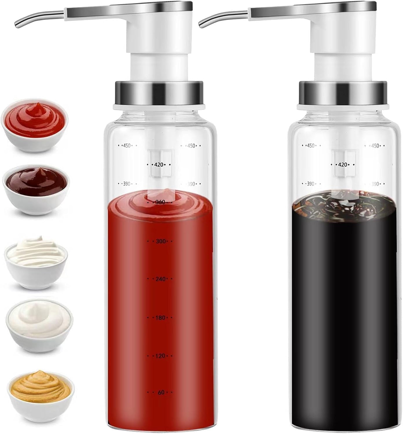 SONGAUN Sauce Pump Dispensers, Coffee Syrup Dispenser, 2 x 500ml Glass Bottle with Stainless Steel Pumps, Leak-Proof, Food Grade Pumps for Honey, Syrups, Oil, Condiments, Salad Dressings (2 X)