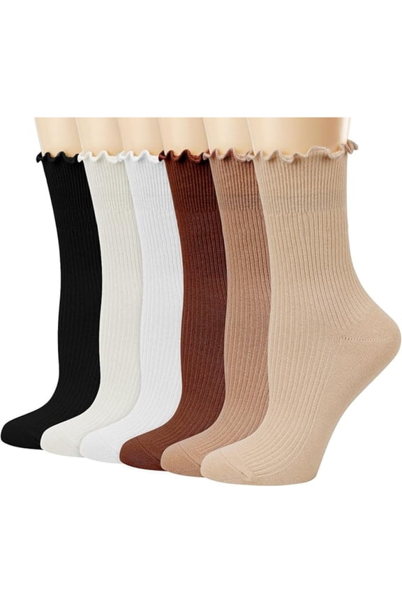 SONGAUN Socks for Women, Casual Cute Cotton Crew Socks, Frilly Novelty Knit Socks 6 Pairs