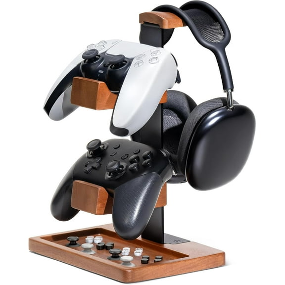 SONGAUN Solid Wood Controller Holder and Headphone Stand, Gaming Controller Stand for Desk, Dual Controller Organizer Rack, Fits Xbox, PS4, PS5, Gamepad, Headset Holder for Son, Husband, Boyfriend