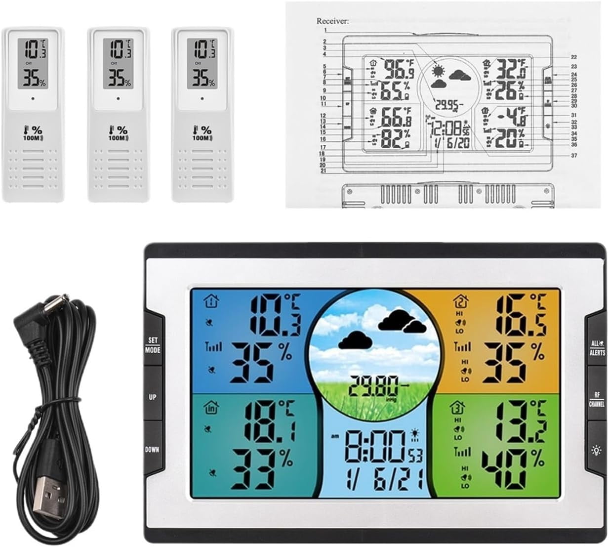 SONGAUN Weather Station, Digital Weather Station with 3 Remote Sensors 328ft/ 100m Temperature Humidity Alarm Clock with Weather Function for Warehouse