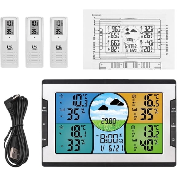 SONGAUN Weather Station, Digital Weather Station with 3 Remote Sensors 328ft/ 100m Temperature Humidity Alarm Clock with Weather Function for Warehouse